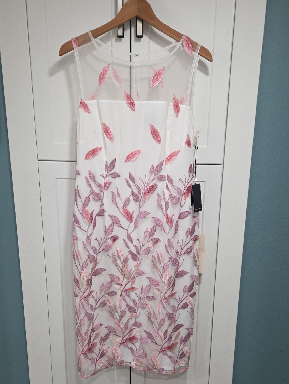 Adrianna Papell White Midi Dress with Pink and Rose Leaf Embroidery